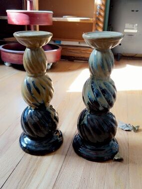 Ceramic Swirl Candlestick Pair in Blue and Cream